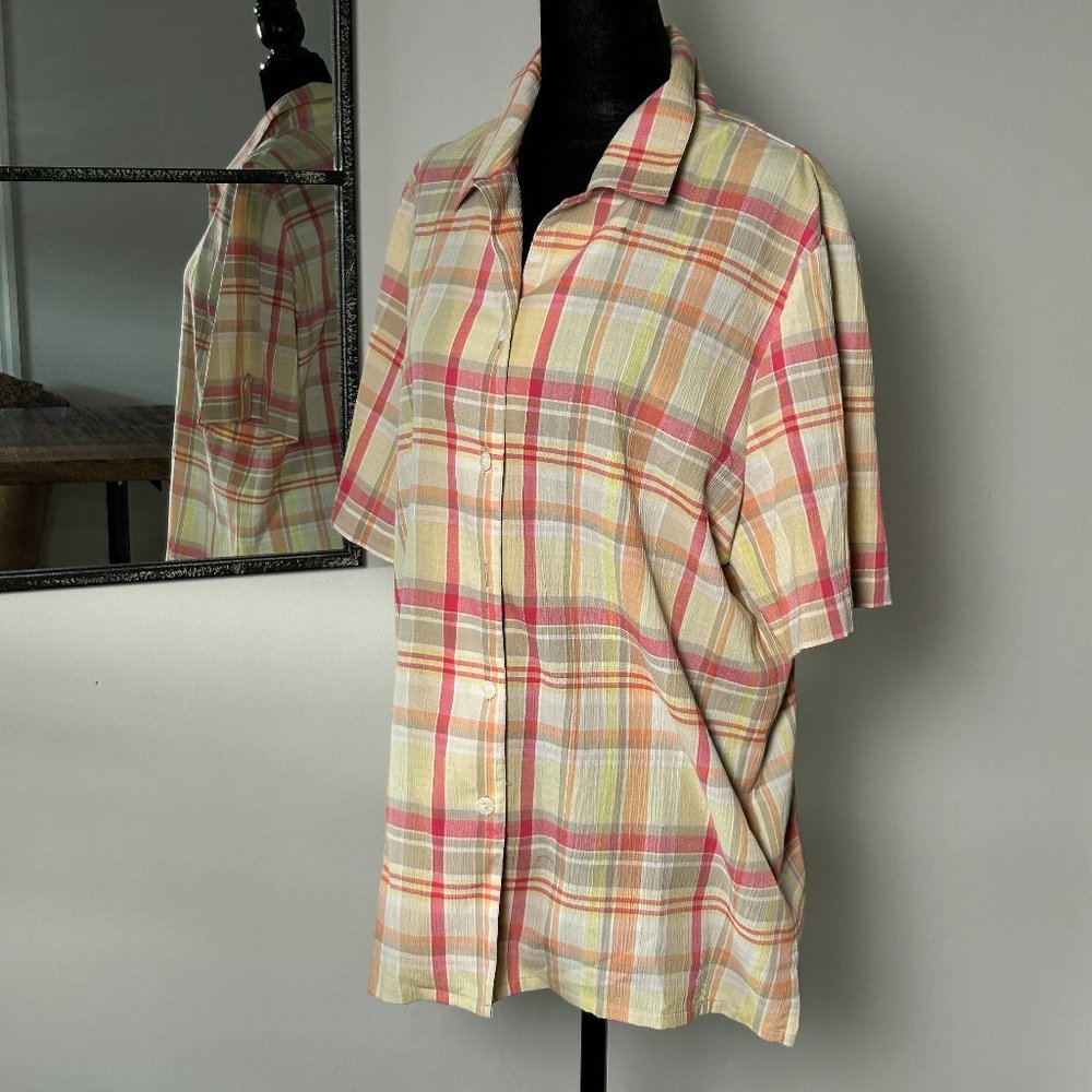 Alia vintage short sleeve stripe yellow, orange and pink blouse button up